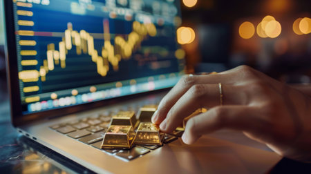 A gold investor studying gold price graphs and market data on a laptop, conducting research and analysis for gold investment strategiesの素材