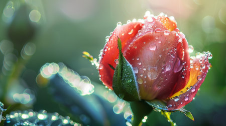 A dew-kissed rosebud awakening to the morning light, adorned with glistening droplets of nature's refreshmentの素材