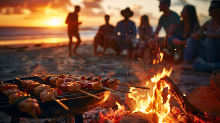 A group of friends grilling shrimp skewers over an open fire at a beach bonfire party, enjoying the salty breeze and sound of crashing waves.の素材