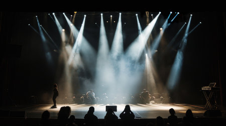 A dramatic stage scene illuminated by spotlights, highlighting performers against a dark backgroundの素材