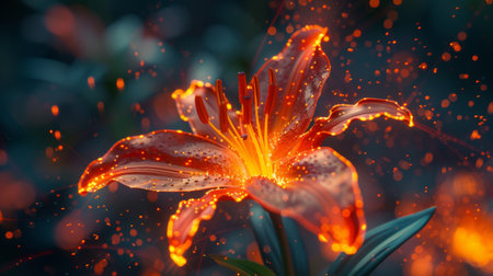A close-up of a glowing fire flower in full bloom, its delicate petals shimmering with flickering flamesの素材