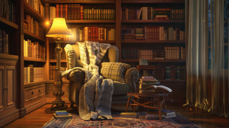 A cozy reading nook illuminated by a stylish table lamp, casting warm light over books and a comfortable armchairの素材