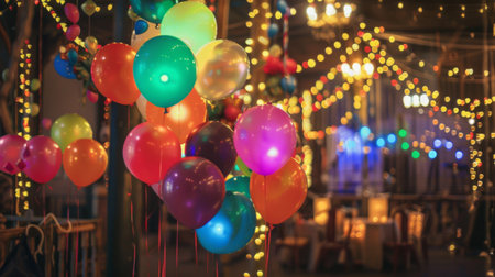 A festive birthday party with colorful LED balloons and string lights creating a lively and cheerful atmosphereの素材