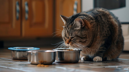 A fat cat enjoying its meal, sitting on a tiled kitchen floor with its food and water bowls placed neatlyの素材