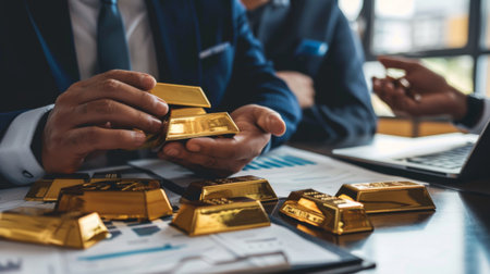 A financial advisor discussing gold investment options with a client, showcasing physical gold bars as a tangible asset.の素材