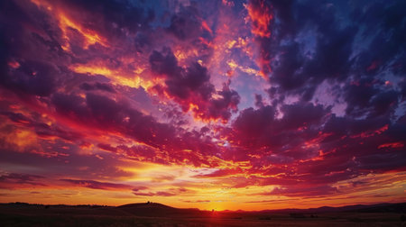 A dramatic sunset sky with clouds ablaze in fiery colors, creating a breathtaking backdrop for a rural landscapeの素材