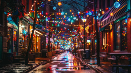 A festive street adorned with colorful holiday lights, creating a joyful and vibrant atmosphere at nightの素材