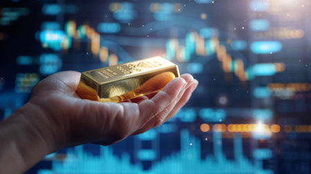 A hand holding a gold bar with financial charts and graphs in the background, symbolizing the correlation between gold and economic stability.の素材