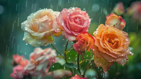 A gentle shower of raindrops descending onto a bouquet of assorted roses, enhancing their beauty with nature's touchの素材