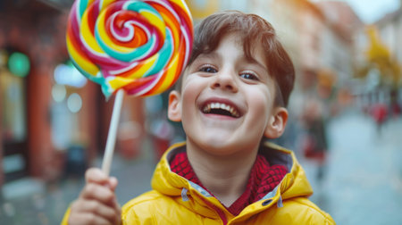 A joyful boy holding a giant lollipop, his eyes widening with wonder and happiness at the sight of the oversized treatの素材