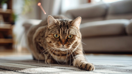 A heavyset cat trying to chase a laser pointer, with determination in its eyes in a spacious and modern living roomの素材