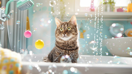 A heavyset cat playing with floating toys in a bathtub, surrounded by bubbles and a cheerful atmosphere in a bright bathroomの素材