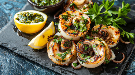 A plate of grilled squid tentacles served with tangy salsa verde and grilled lemon wedges, on a slate platter with a garnish of fresh herbs.の素材