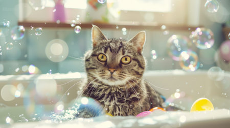 A heavyset cat playing with floating toys in a bathtub, surrounded by bubbles and a cheerful atmosphere in a bright bathroomの素材