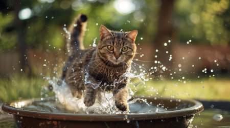 A rotund cat splashing around in a shallow basin, having fun with water and looking excited in a spacious backyardの素材