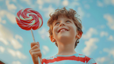 A joyful boy holding a giant lollipop, his eyes widening with wonder and happiness at the sight of the oversized treatの素材