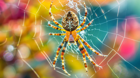 A macro shot of a garden spider spinning its web, capturing the meticulous craftsmanship of nature's master weaverの素材