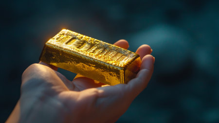 A hand holding a shiny gold bar against a dark background, highlighting the allure and value of physical gold assets.の素材