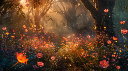 A magical forest illuminated by the soft glow of fire flowers, creating a whimsical and enchanting sceneの素材