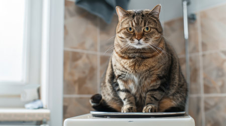 A heavyset cat sitting on a scale, looking curious and slightly puzzled in a clean and modern bathroomの素材