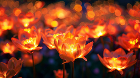 A mesmerizing display of illuminated fire flowers lighting up the night, their radiant glow filling the air with warmth and colorの素材