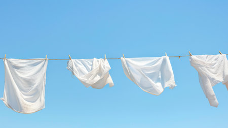 A neatly arranged clothesline with white sheets billowing in the wind, set against a clear blue skyの素材