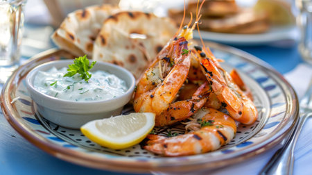 A plate of Greek-style grilled shrimp served with tzatziki sauce, lemon wedges, and pita bread, on a blue and white tablecloth at a seaside taverna.の素材
