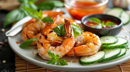 A plate of Thai-style grilled shrimp served with spicy seafood dipping sauce, sliced cucumbers, and aromatic herbs, on a bamboo placemat.の素材