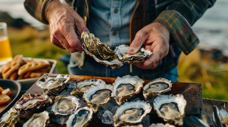 A man shucking oysters at an outdoor picnic, skillfully opening the shells to reveal the briny, succulent meat inside.の素材