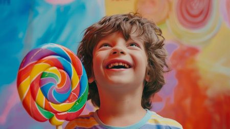 A joyful boy holding a giant lollipop, his eyes widening with wonder and happiness at the sight of the oversized treatの素材