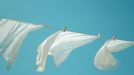 A neatly arranged clothesline with white sheets billowing in the wind, set against a clear blue skyの素材