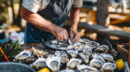 A man shucking oysters at an outdoor picnic, skillfully opening the shells to reveal the briny, succulent meat inside.の素材
