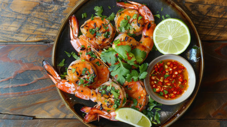 A plate of grilled shrimp served with lime wedges and chili dipping sauce, garnished with fresh herbs, on a rustic wooden table at a seafood restaurant.の素材