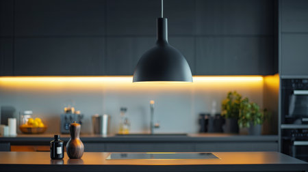 A modern pendant light fixture illuminating a kitchen island, adding a contemporary touch to the culinary spaceの素材
