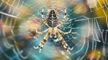 A macro shot of a garden spider spinning its web, capturing the meticulous craftsmanship of nature's master weaverの素材