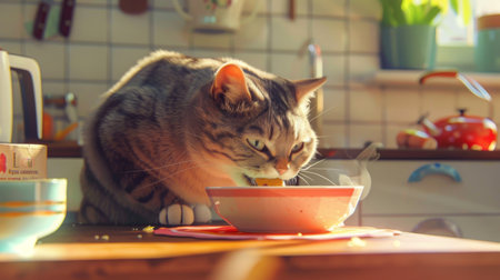 A plump cat enjoying a treat from a bowl, with a satisfied expression in a neatly designed kitchenの素材