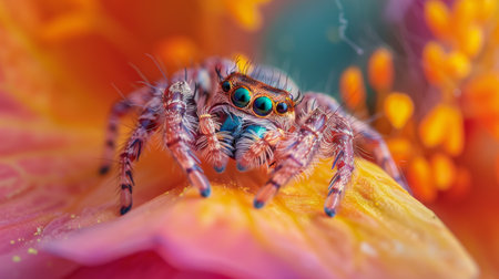 A jumping spider perched on a flower petal, its large eyes reflecting the surrounding environment as it waits for prey to approachの素材