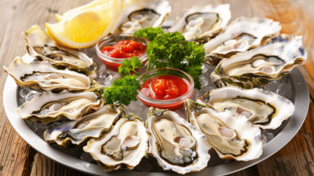 A platter of oysters served with traditional condiments like vinegar, shallots, and Tabasco sauce, ready to be enjoyed with friends.の素材