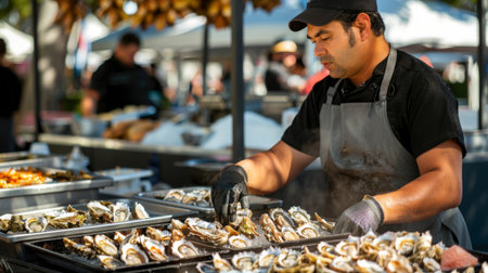 A seafood festival showcasing a wide array of oyster dishes, from raw bar selections to grilled specialties and gourmet creations.の素材
