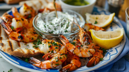 A plate of Greek-style grilled shrimp served with tzatziki sauce, lemon wedges, and pita bread, on a blue and white tablecloth at a seaside taverna.の素材