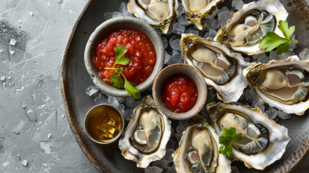 A plate of oysters on the half-shell served with a spicy cocktail sauce and a side of horseradish, ready to be enjoyed as a classic appetizer.の素材