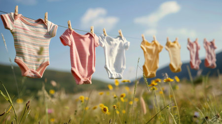 A row of baby clothes hanging on a clothesline, with cute onesies and tiny socks swaying in the gentle breezeの素材