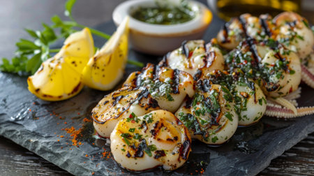 A plate of grilled squid tentacles served with tangy salsa verde and grilled lemon wedges, on a slate platter with a garnish of fresh herbs.の素材