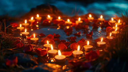 A romantic proposal scene with candles arranged in a heart shape, creating a dreamy and unforgettable momentの素材