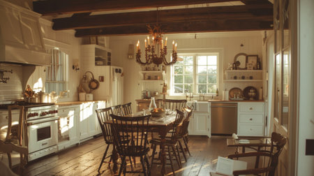 A rustic chandelier hanging in a farmhouse kitchen, casting a soft and inviting light over a family dinnerの素材