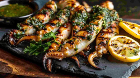 A plate of grilled squid tentacles served with tangy salsa verde and grilled lemon wedges, on a slate platter with a garnish of fresh herbs.の素材
