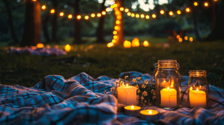 A romantic evening picnic with candles placed in glass jars, creating a warm and intimate setting under the starsの素材