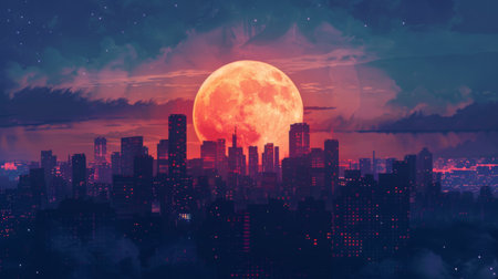 A mesmerizing full moon rising above a silhouetted skyline, casting a mystical glow over the cityscapeの素材