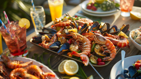 A seafood barbecue party with grilled shrimp, crab legs, and mussels, served with cold drinks and tropical fruit skewers on a sunny terrace.の素材