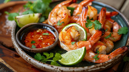 A plate of grilled shrimp served with lime wedges and chili dipping sauce, garnished with fresh herbs, on a rustic wooden table at a seafood restaurant.の素材